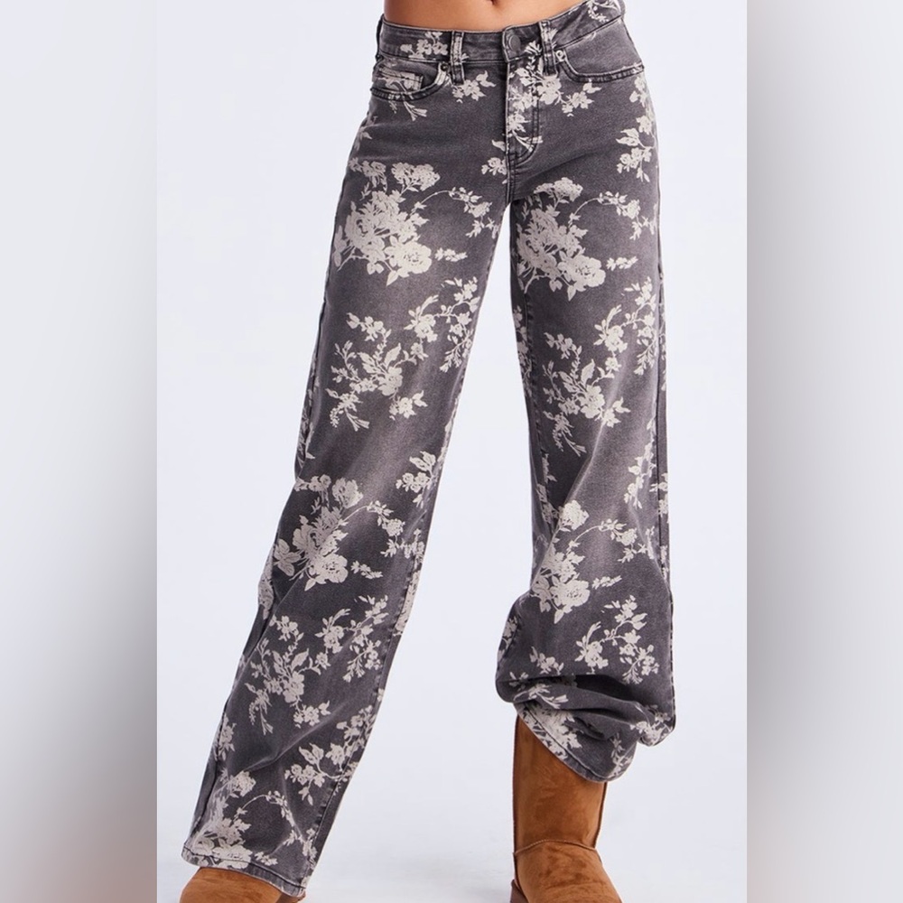 Floral Gray Straight Leg Jeans